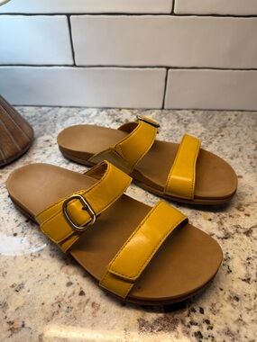 Dansko Mustard Yellow Leather Double-Strap Slide Sandals